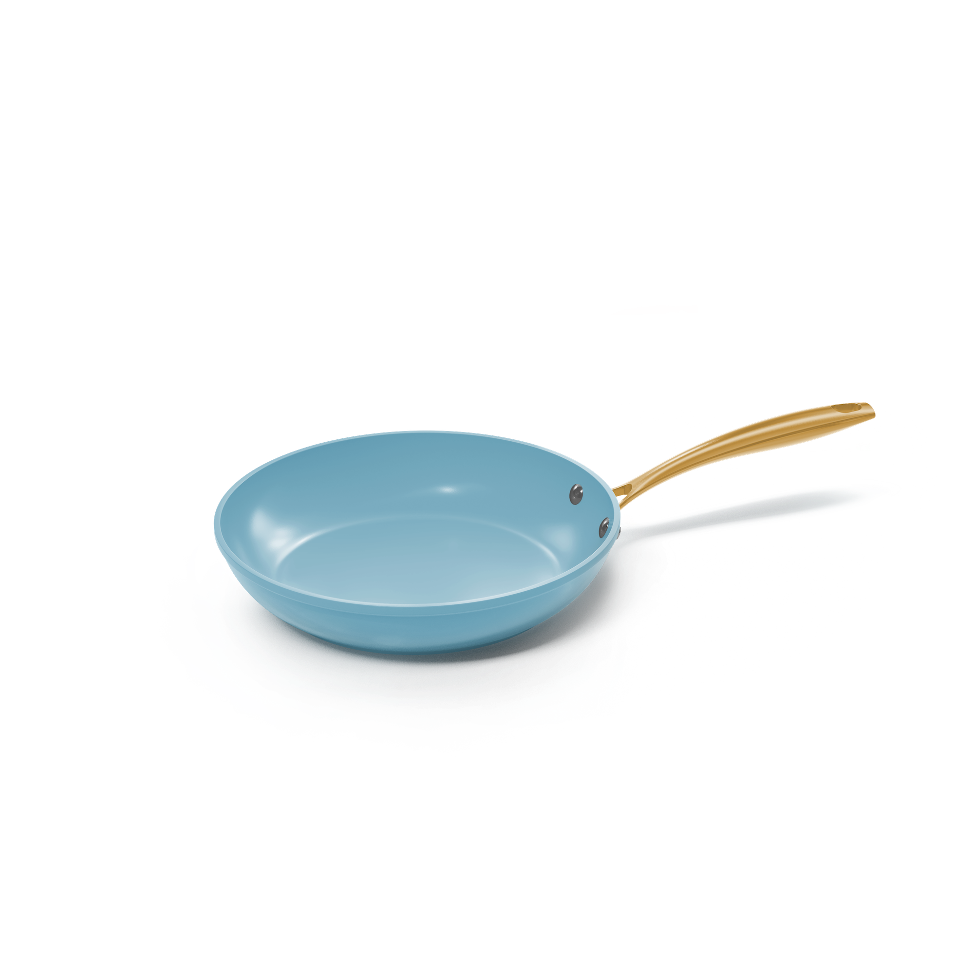 Lichtblauwe koekenpan van 20 cm met keramische antiaanbaklaag en goudkleurig handvat.