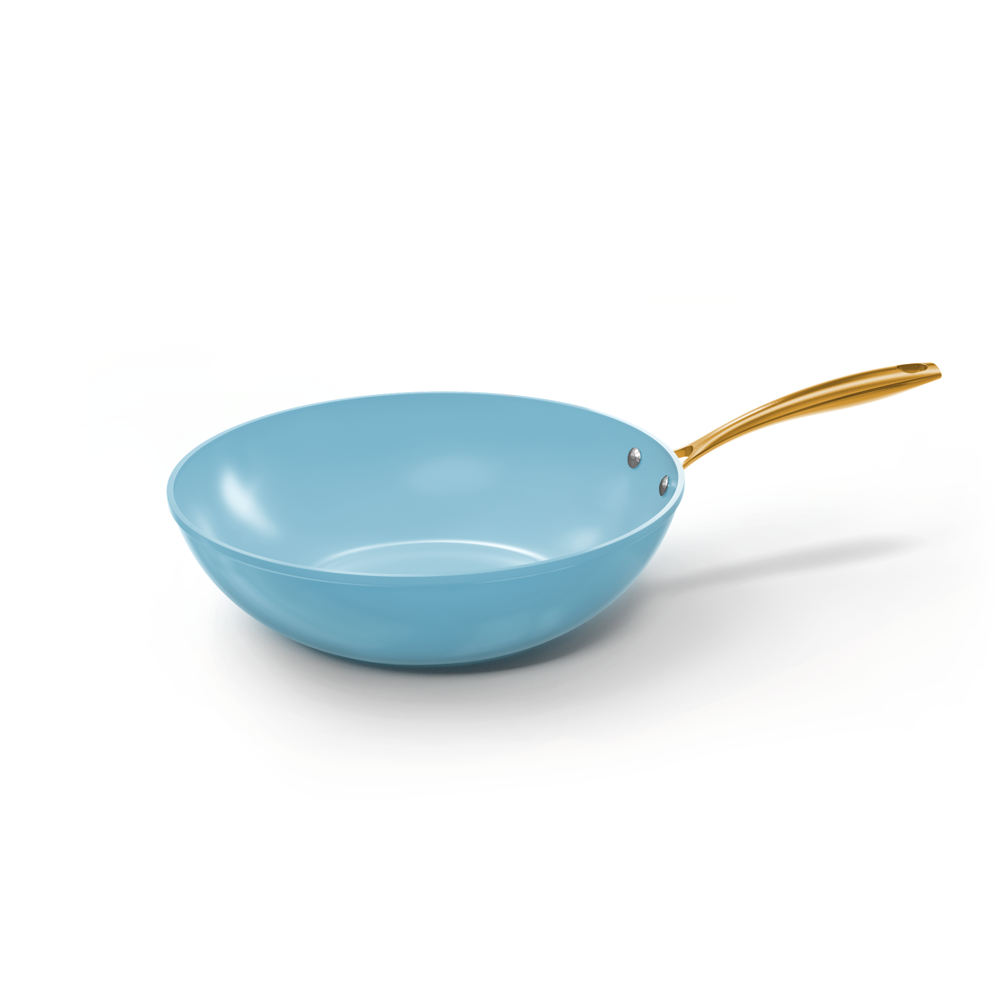 Blauwe Wokpan 30 cm van Cook & Pan met keramische antiaanbaklaag en goudkleurige greep.