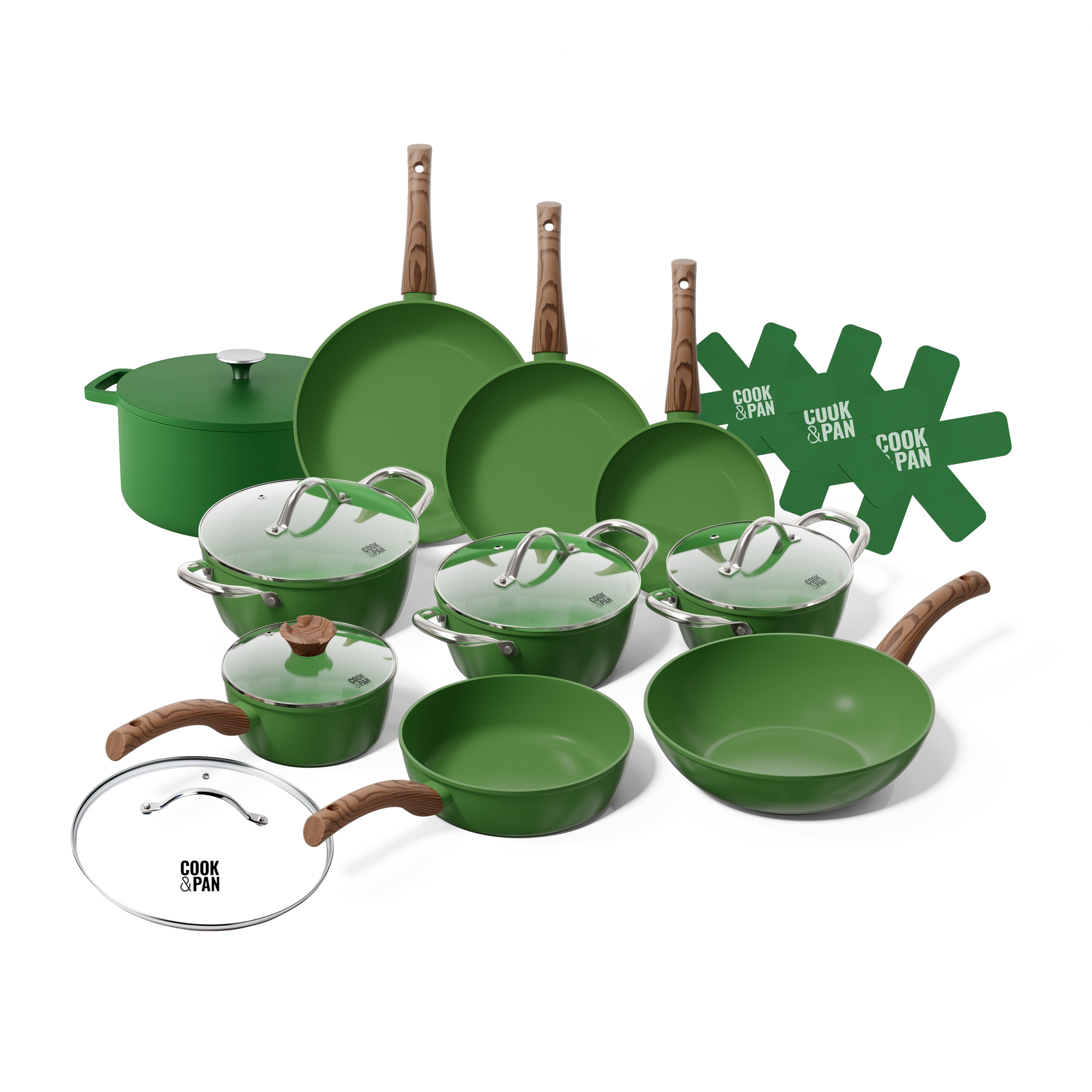 12-piece green cookware set with wooden handles and glass lids.