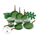 12-piece green cookware set with wooden handles and glass lids.