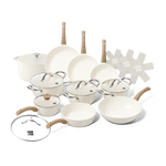 12-piece ivory cookware set with glass lids and wooden handles, including pots and frying pans.
