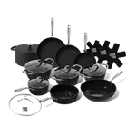 12-piece black cookware set with glass lids and metal handles, including frying pans and soup pot.