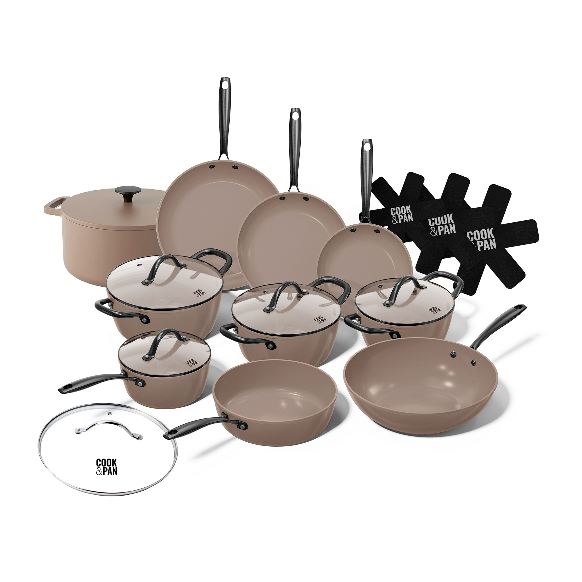 Batterie de cuisine Taupe 12 pièces avec couvercles en verre, revêtements antiadhésifs et poignées noires.