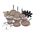 Taupe 12-piece cookware set with glass lids, non-stick coatings, and black handles.