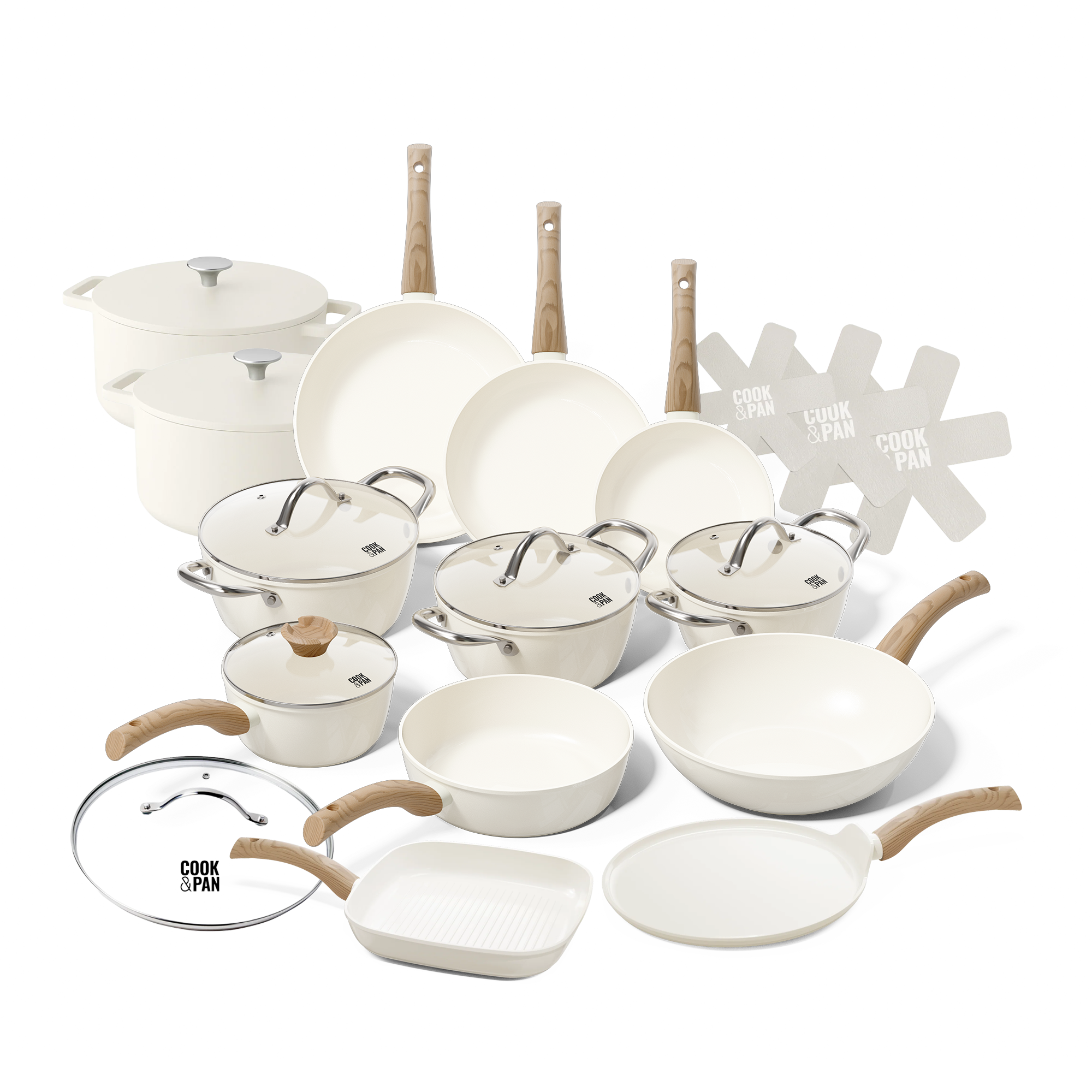 15-piece ivory cookware set with glass lids and wooden handles.