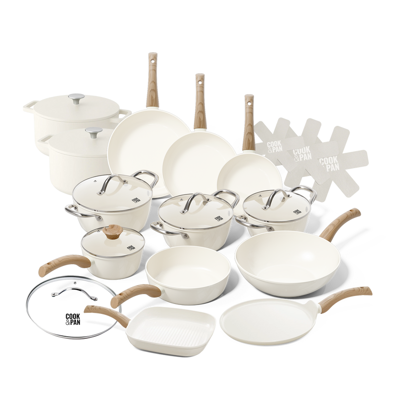 15-piece ivory cookware set with glass lids and wooden handles.