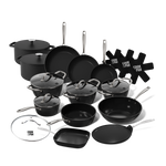 Batterie de cuisine noire 15 pièces avec couvercles en verre et poignées en acier inoxydable, incluant poêles et poêle grill.
