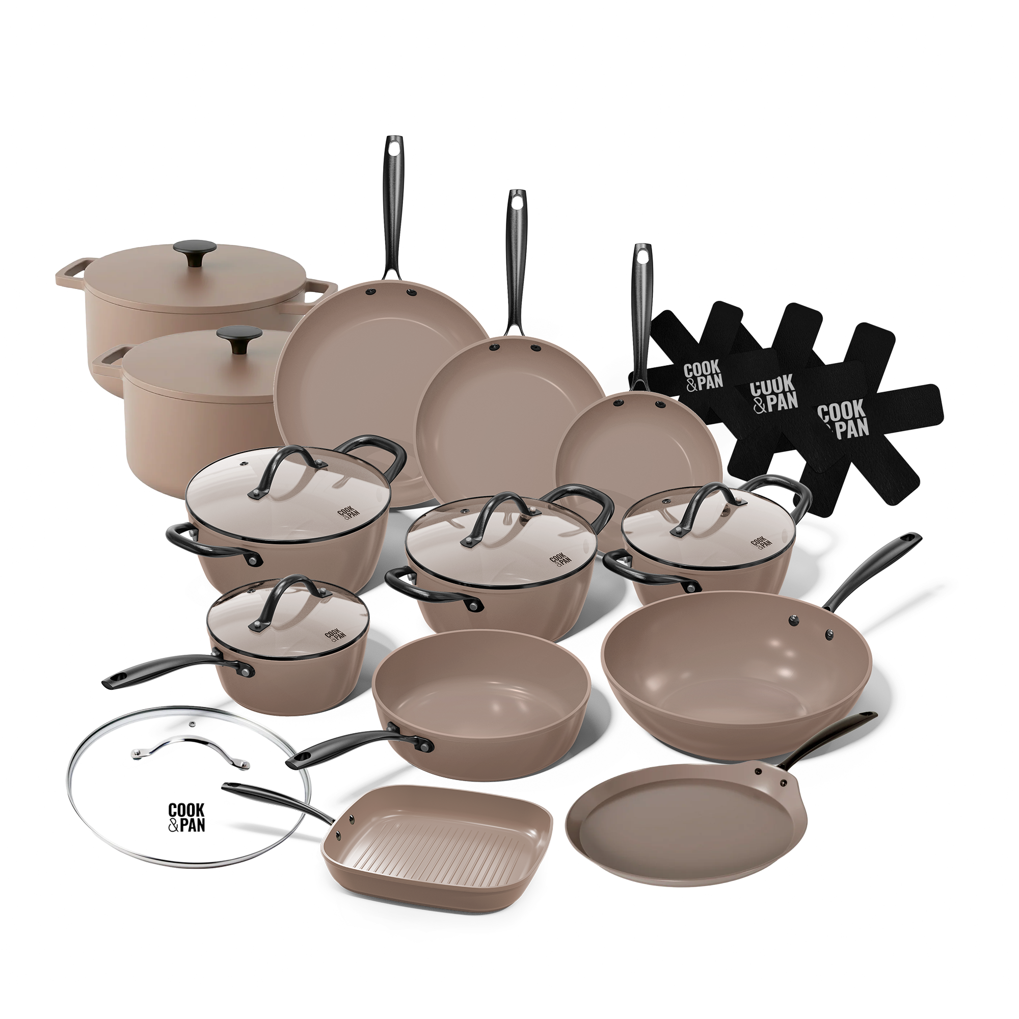 Batterie de cuisine Taupe 15 pièces avec couvercles en verre, poêles, casseroles et supports.