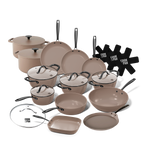 Batterie de cuisine Taupe 15 pièces avec couvercles en verre, poêles, casseroles et supports.