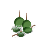 Green 5-piece cookware set with wooden handles and glass lids.