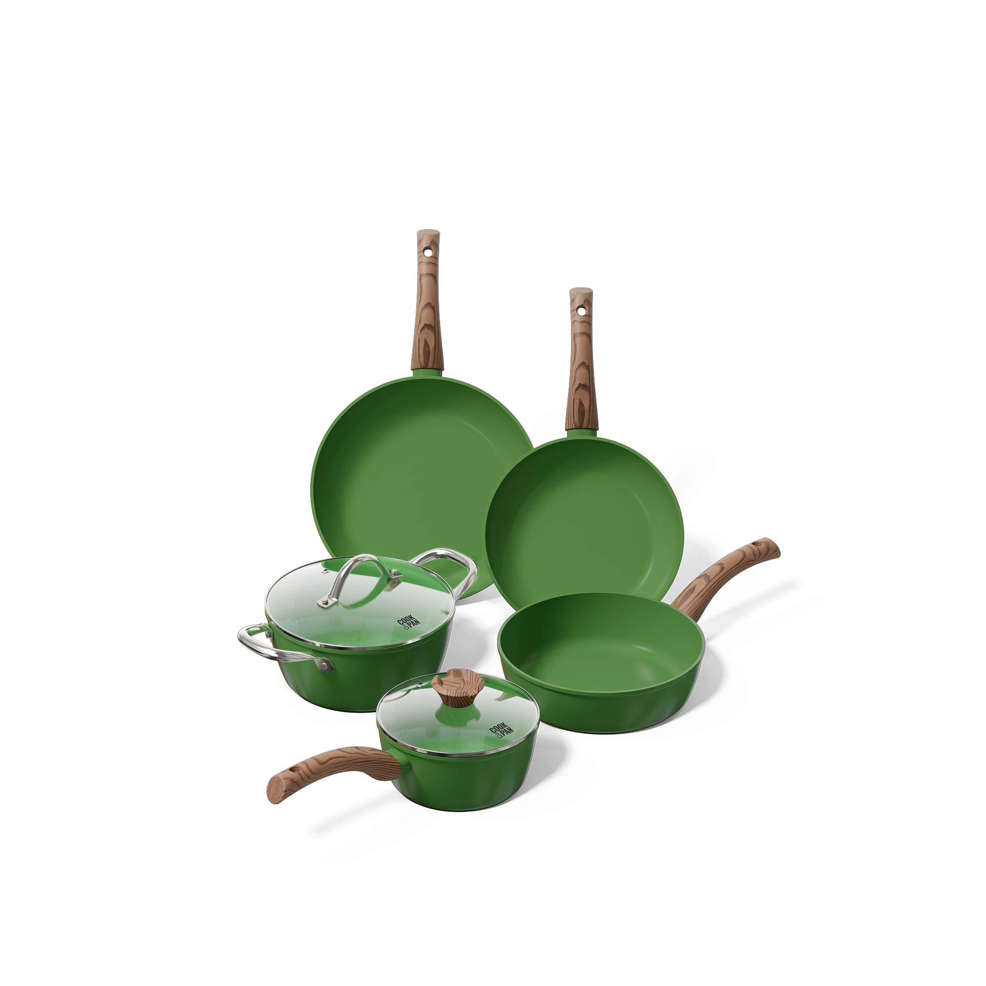 Green 5-piece cookware set with wooden handles and glass lids.