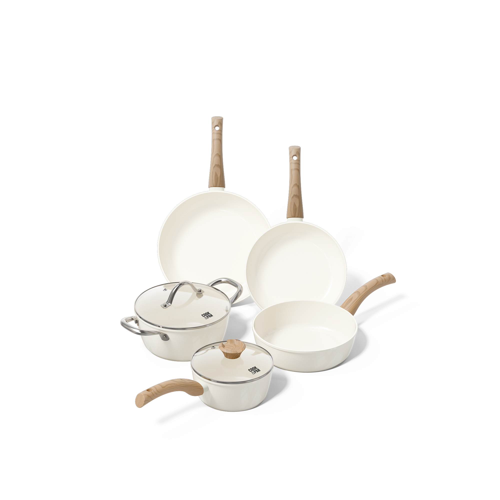 5-delt elfenbensfarvet pandesæt med træhåndtag og glaslåg.