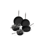 Black 5-piece cookware set with stainless steel handles, including frying pans and cooking pots with lids.