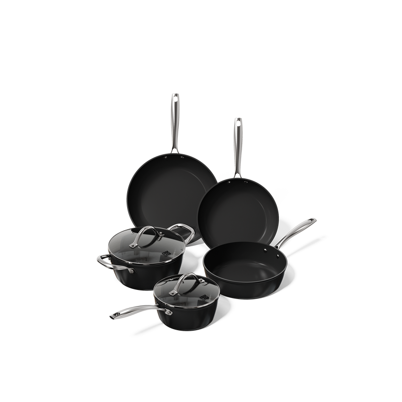 Black 5-piece cookware set with stainless steel handles, including frying pans and cooking pots with lids.