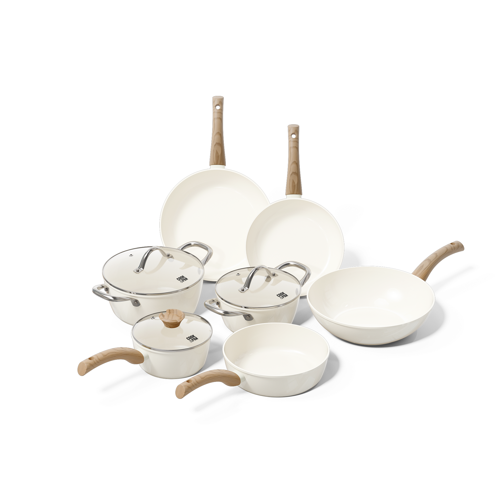 7-piece white cookware set with wooden handles, including frying pans and saucepans with glass lids.