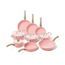 Batterie de cuisine rose 9 pièces avec manches en bois et couvercles en verre, formats divers.
