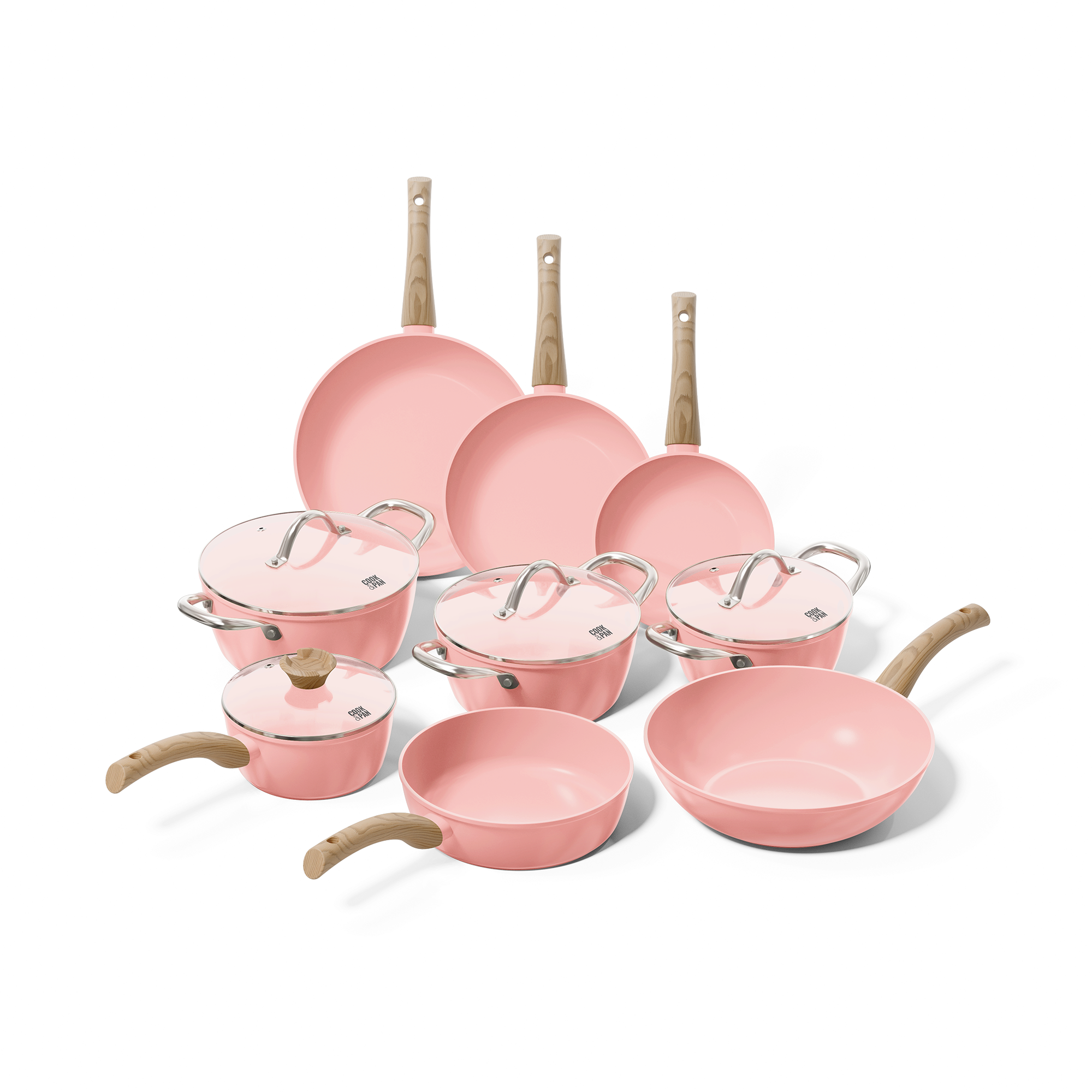 Batterie de cuisine rose 9 pièces avec manches en bois et couvercles en verre, formats divers.