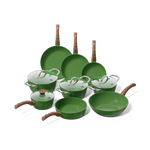 Grønt 9-delt pandesæt med træhåndtag og glaslåg, non-stick belægning.