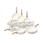 Pandesæt på 9 dele i hvid med træhåndtag og glaslåg.