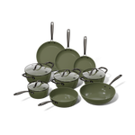 Dark green 9-piece cookware set with glass lids and black handles.