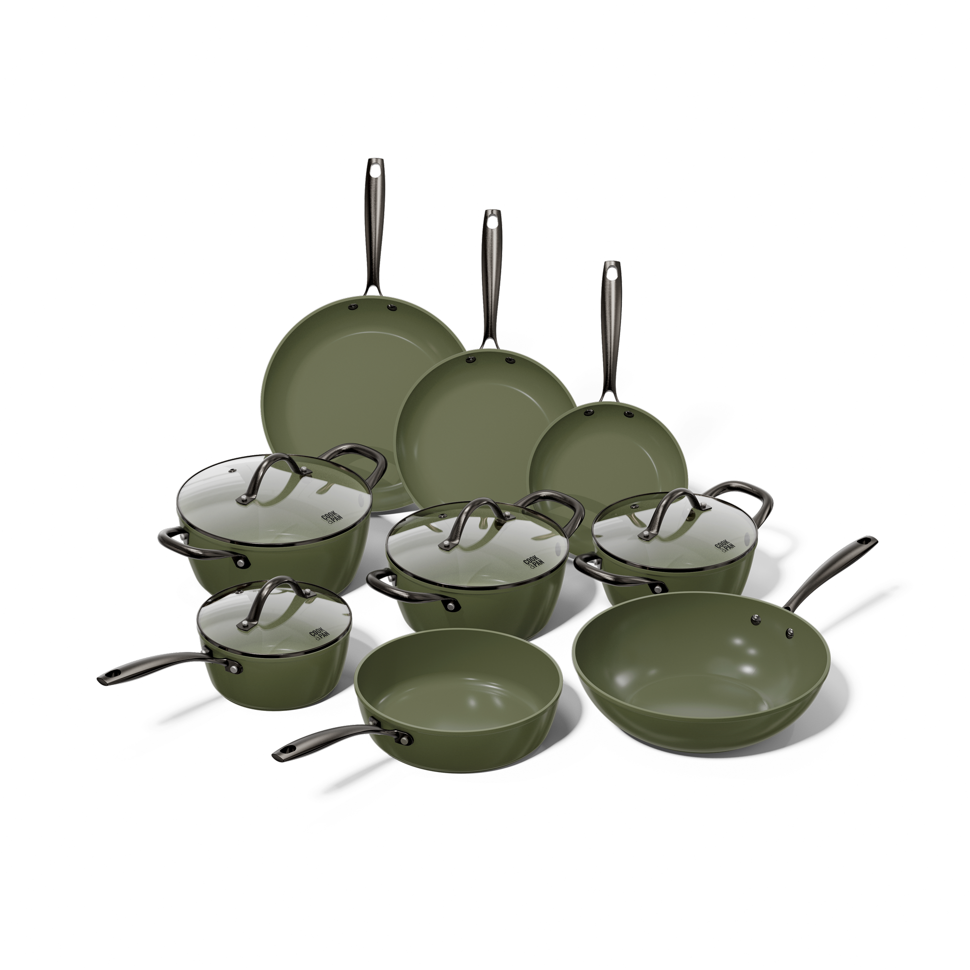 Batterie de cuisine 9 pièces vert foncé avec couvercles en verre et poignées noires.