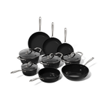 Sort 9-delt pandesæt med non-stick belægning og metalhåndtag, inklusive tre stegepander og seks kogekar.