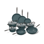 9-piece blue cookware set with shiny metal handles and glass lids.
