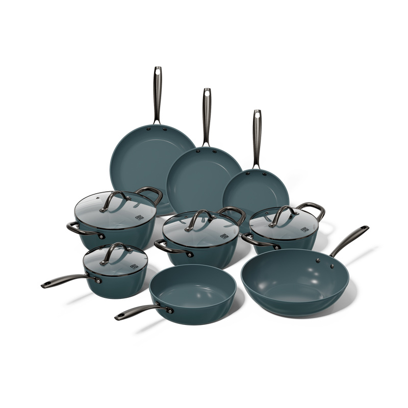 9-piece blue cookware set with shiny metal handles and glass lids.