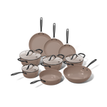 Taupefarvet 9-delt pandesæt med glaslåg og sorte håndtag.