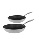 Stainless steel frying pan set with non-stick honeycomb coating, 2-piece, various sizes.