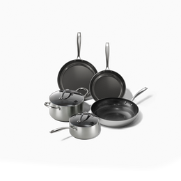 Honey five-piece cookware set with two frying pans, two cooking pots with lids and metal handles.