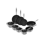 Zwarte anti-aanbakpannenset met RVS deksels en handgrepen, 9-delig.