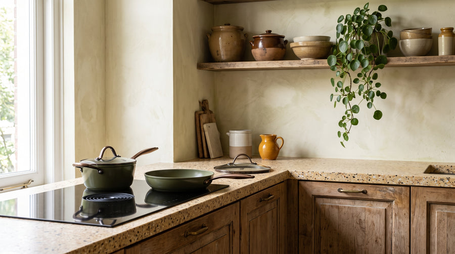 Cuisine vintage en chêne et terrazzo avec des casseroles et poêles Dark Olive