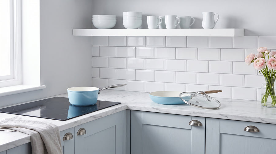 Cuisine coastal avec des meubles bleu-gris, du marbre blanc et des casseroles et poêles bleues