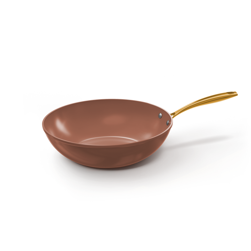 Sienna wokpan 30 cm met keramische antiaanbaklaag in terracotta kleur en gouden handvat.