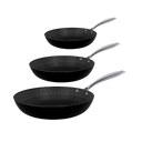 Three stainless steel frying pans with honeycomb non-stick coating and long silver-colored handles.