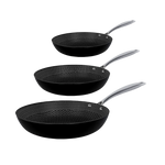 Three stainless steel frying pans with honeycomb non-stick coating and long silver-colored handles.