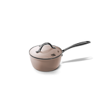 Casserole Taupe avec couvercle en verre et poignée en silicone noir, 18 cm