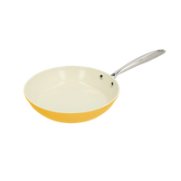 Pannenkoekenpan 24 cm met gele buitenzijde en witte antiaanbaklaag, metalen handvat.