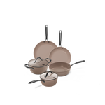 Taupekleurige 5-delige pannenset met glazen deksels en zwarte handgrepen, inclusief koekenpannen en steelpannen.