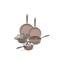Taupefarbenes 5-teiliges Topfset und Pfannenset mit Glasdeckeln und schwarzen Griffen, inklusive Pfannen und Sauteusen.