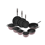 Taupe 9-delige RVS pannenset met antiaanbaklaag en glazen deksels, verschillende maten.