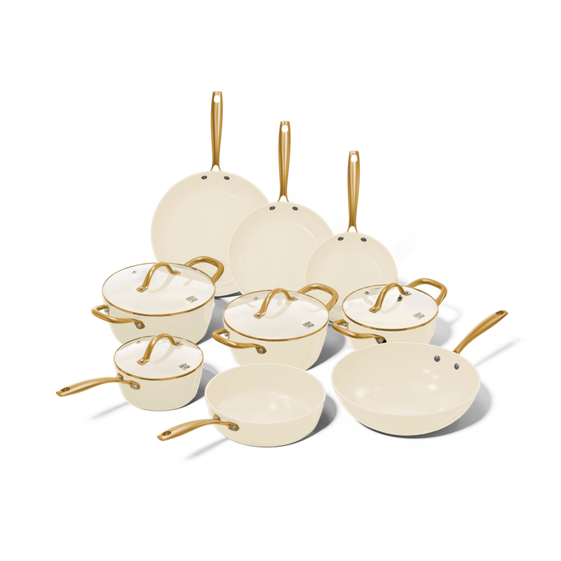 Vanilla pannenset 9-delig met crèmekleurige potten en pannen met keramische antiaanbaklaag en gouden handvatten