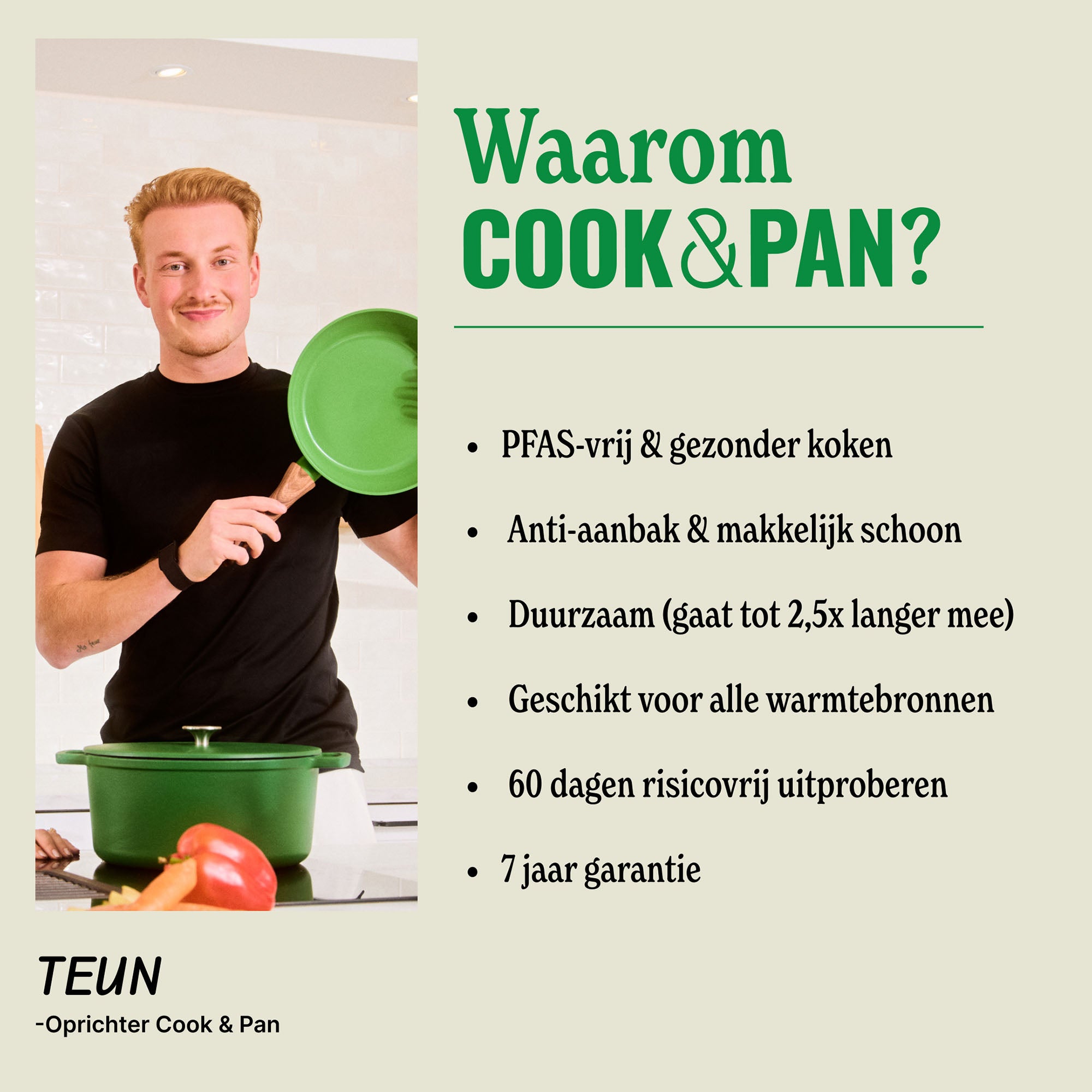 Man in black sweater holding green frying pan next to orange and green pots and pans on the table.