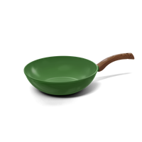 Groene wokpan van 30 cm met houten handvat en anti-aanbaklaag.