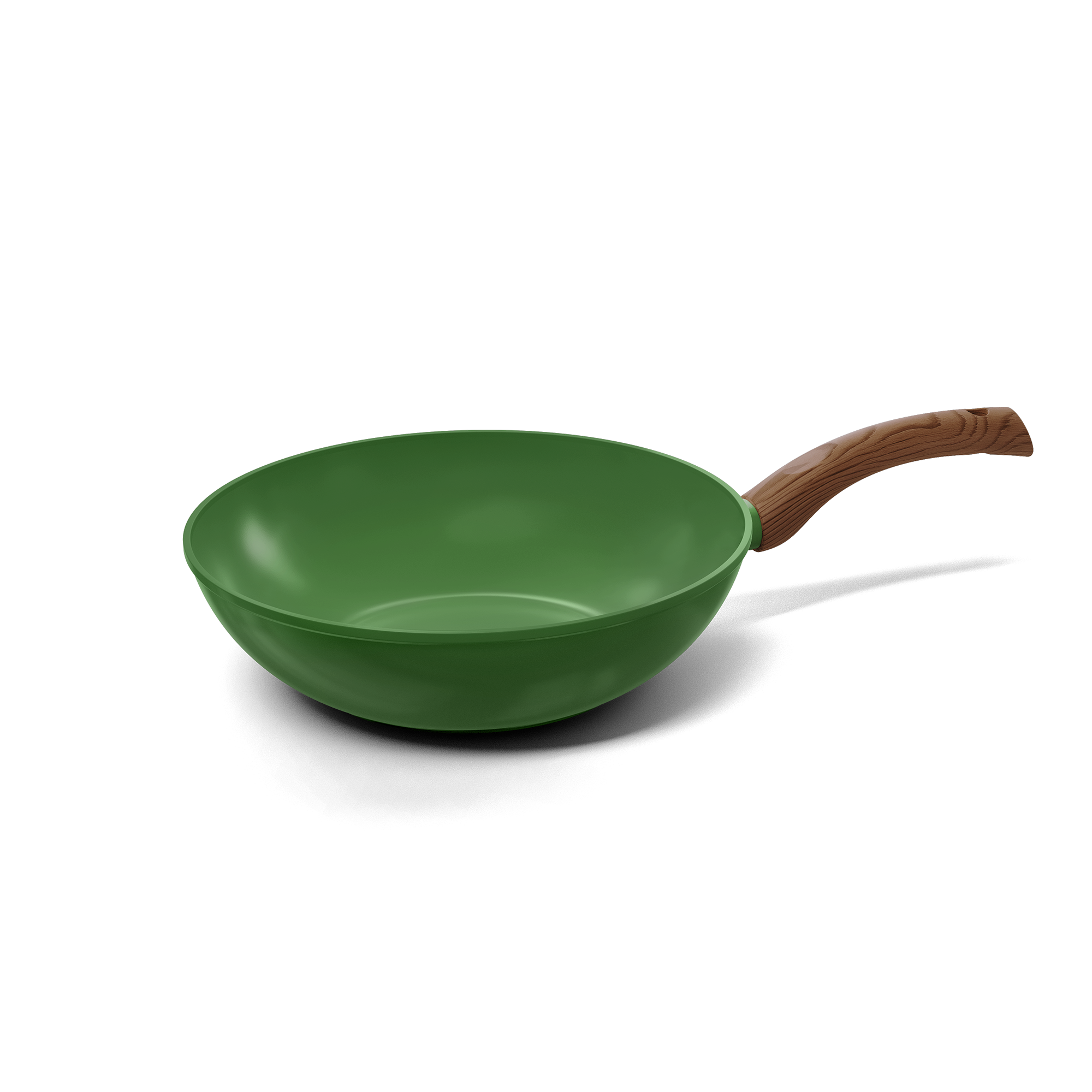 Poêle wok verte de 30 cm avec poignée en bois et revêtement antiadhésif.