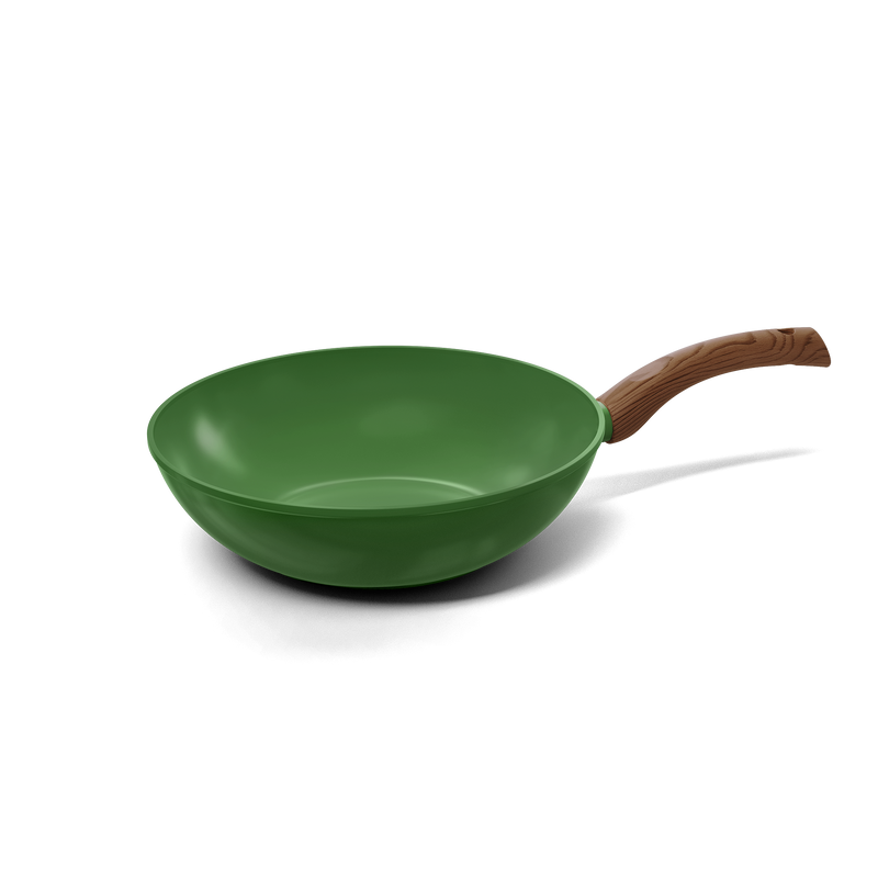 Poêle wok verte de 30 cm avec poignée en bois et revêtement antiadhésif.