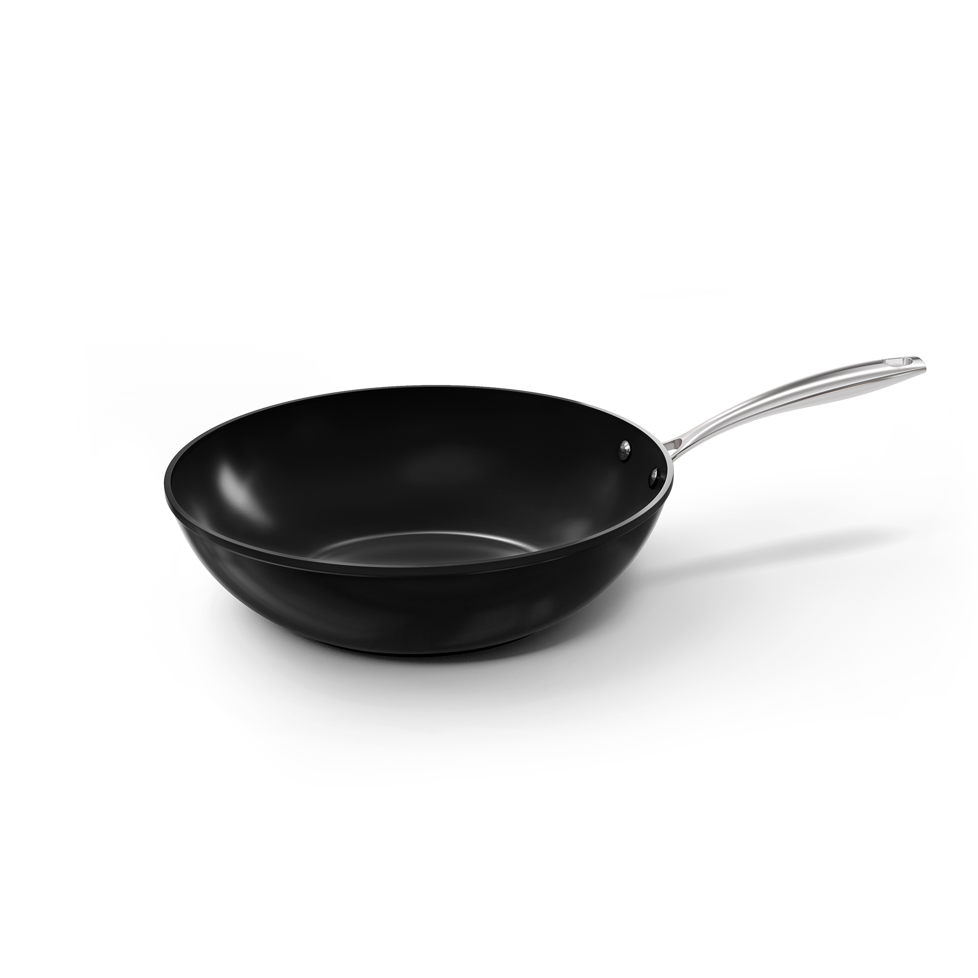 Zwarte wokpan van 30 cm met anti-aanbaklaag en metalen handvat.