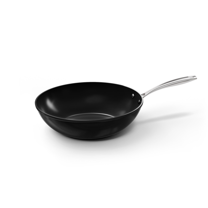 Poêle wok noire de 30 cm avec revêtement antiadhésif et poignée en métal.