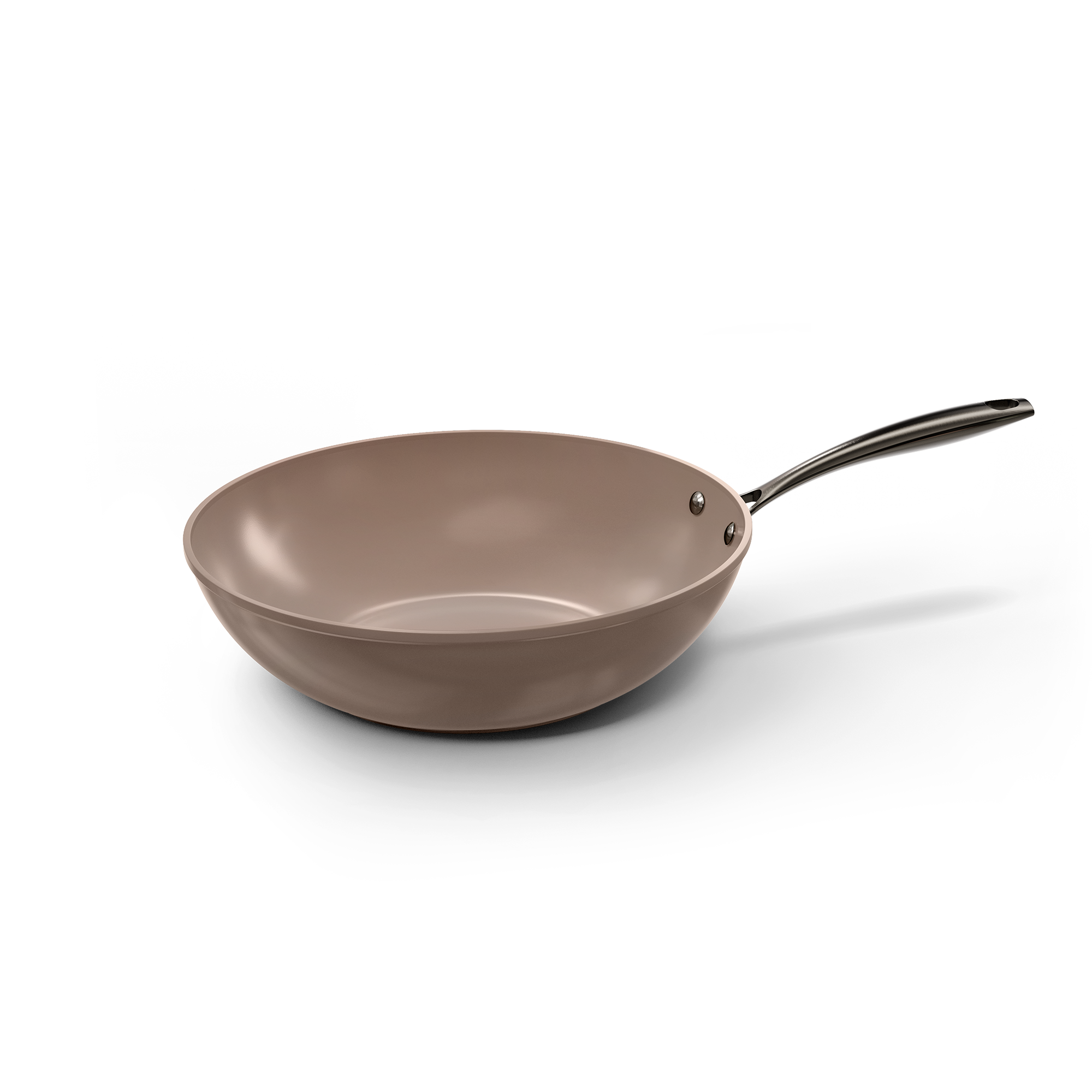 Taupekleurige wokpan van 30 cm met glazen deksel en lange zwarte handgreep.